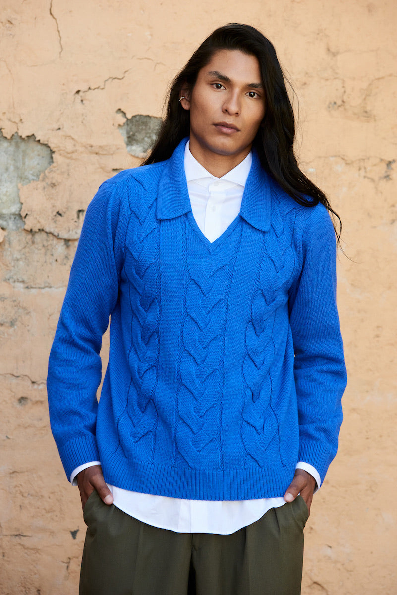 Cables V Neck Jumper - Blue