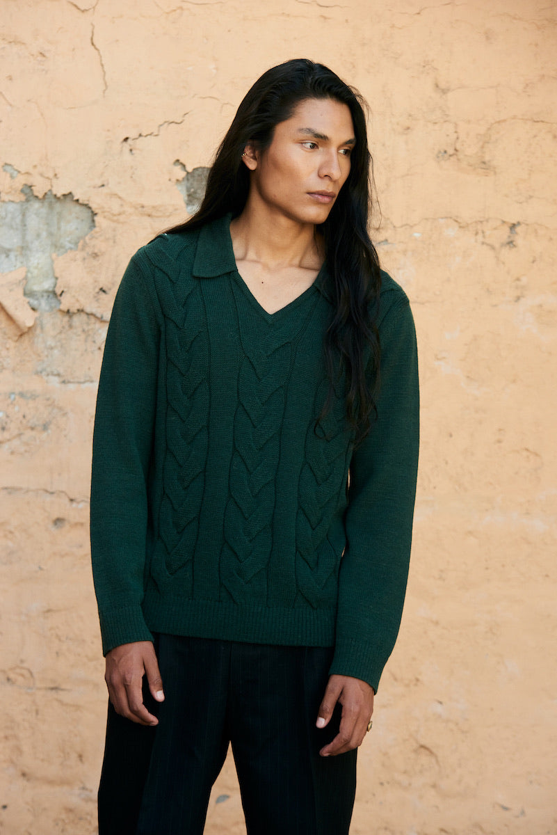 Cables V Neck Jumper - Dark Green