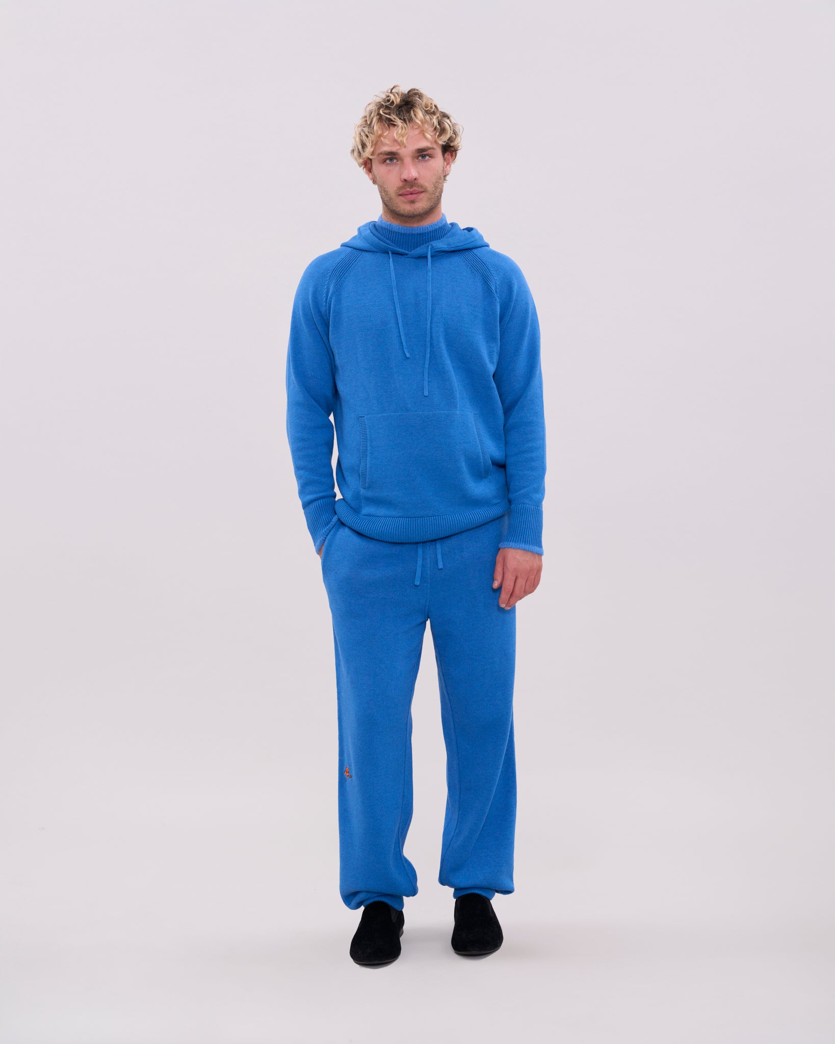 Knitted Roll Neck Hoodie - Light Blue