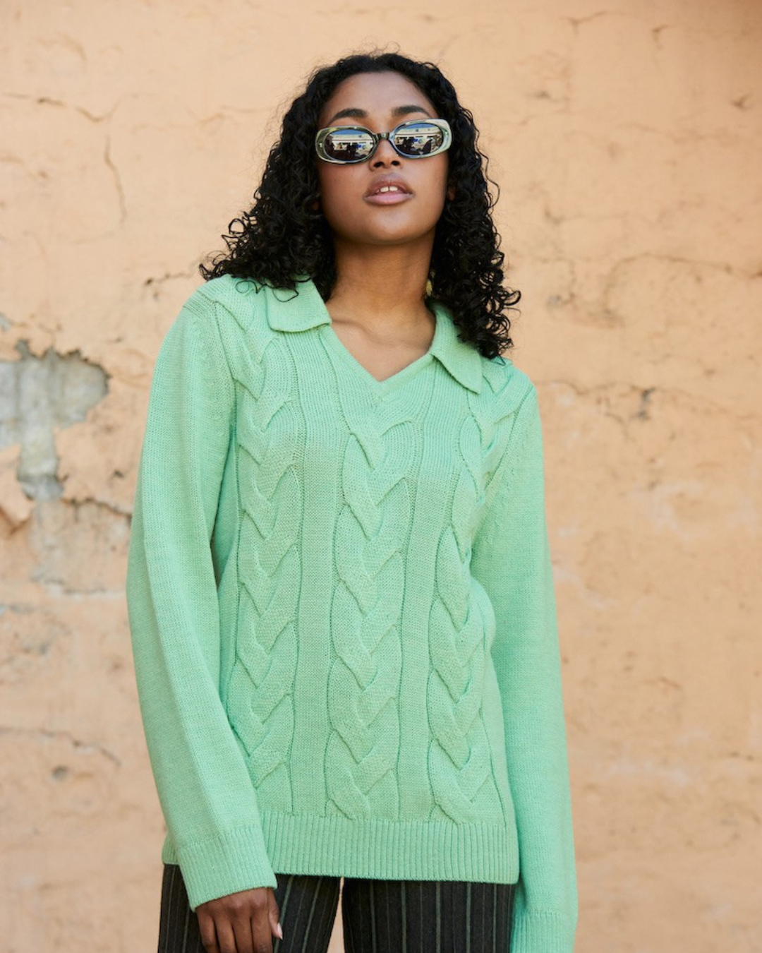Cables V Neck Jumper - Mint